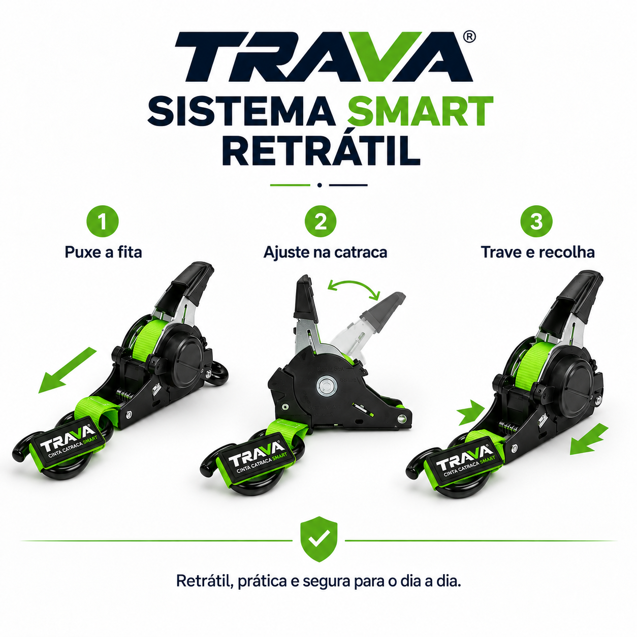 Sistema Smart Retrátil em três passos: puxe a fita, ajuste na catraca, trave e recolha